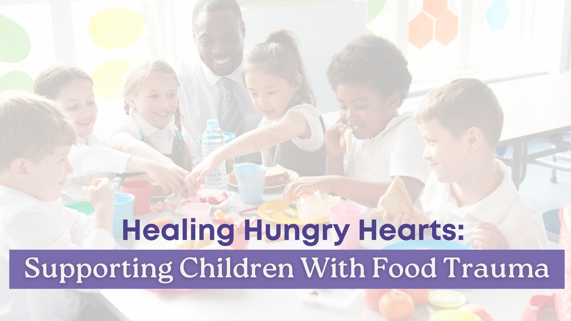 Children and a caregiver share a joyful meal together, highlighting the importance of healing food trauma through consistent care and support.