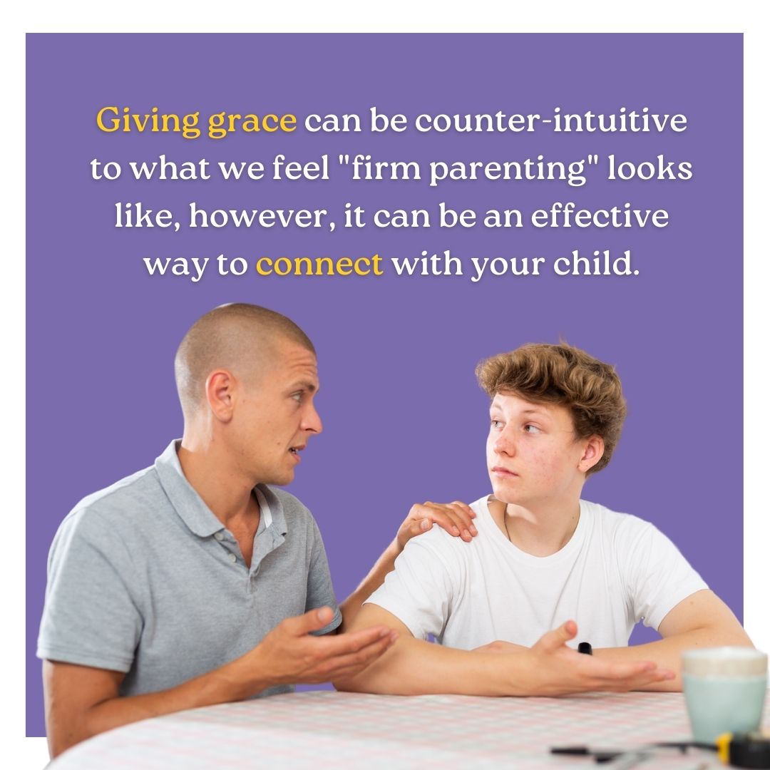 A father and teenage son sitting at a table, having a serious yet caring conversation, with a quote about how giving grace can help parents connect with their children.