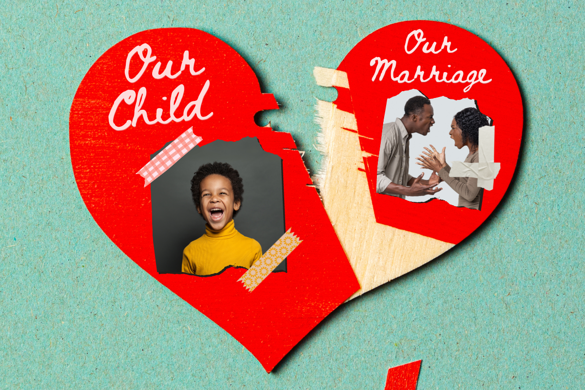 Image of a heart broken with "our child" on one side and "our marriage" on the other.
